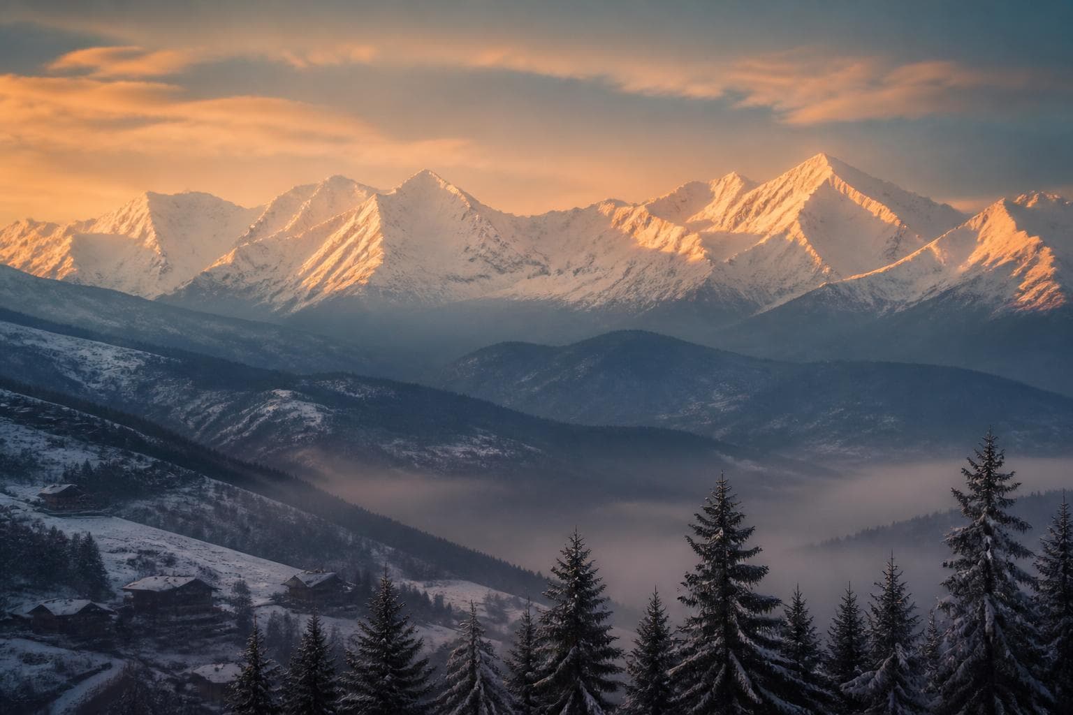 Snow-covered peaks of the Trois Vallées at dawn